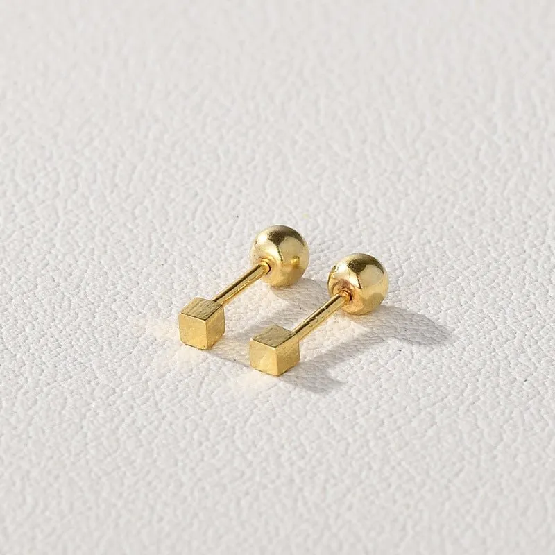 3D Square Screw Back Stud Earrings| two sizes and finishes