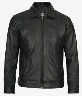Black Snap Button Collar Cowhide Jacket Mens