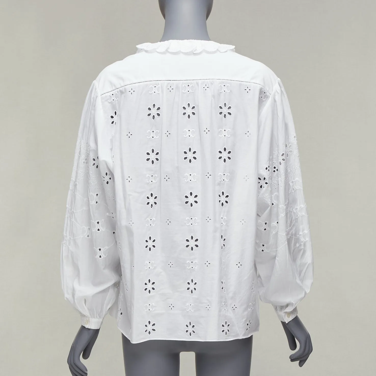 CELINE white triomphe logo lace eyelet embroidery peasant shirt FR40 L