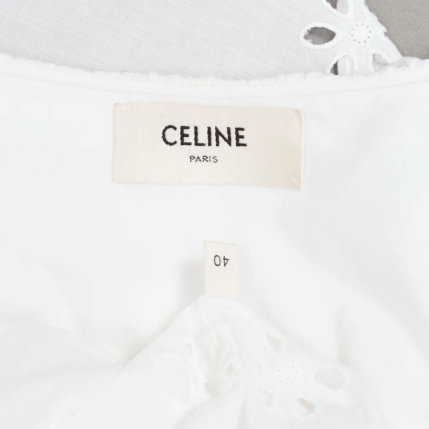 CELINE white triomphe logo lace eyelet embroidery peasant shirt FR40 L