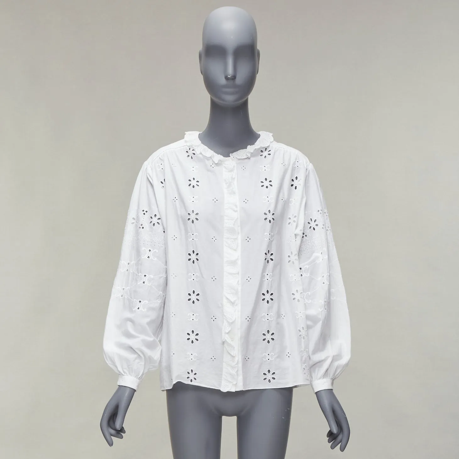 CELINE white triomphe logo lace eyelet embroidery peasant shirt FR40 L