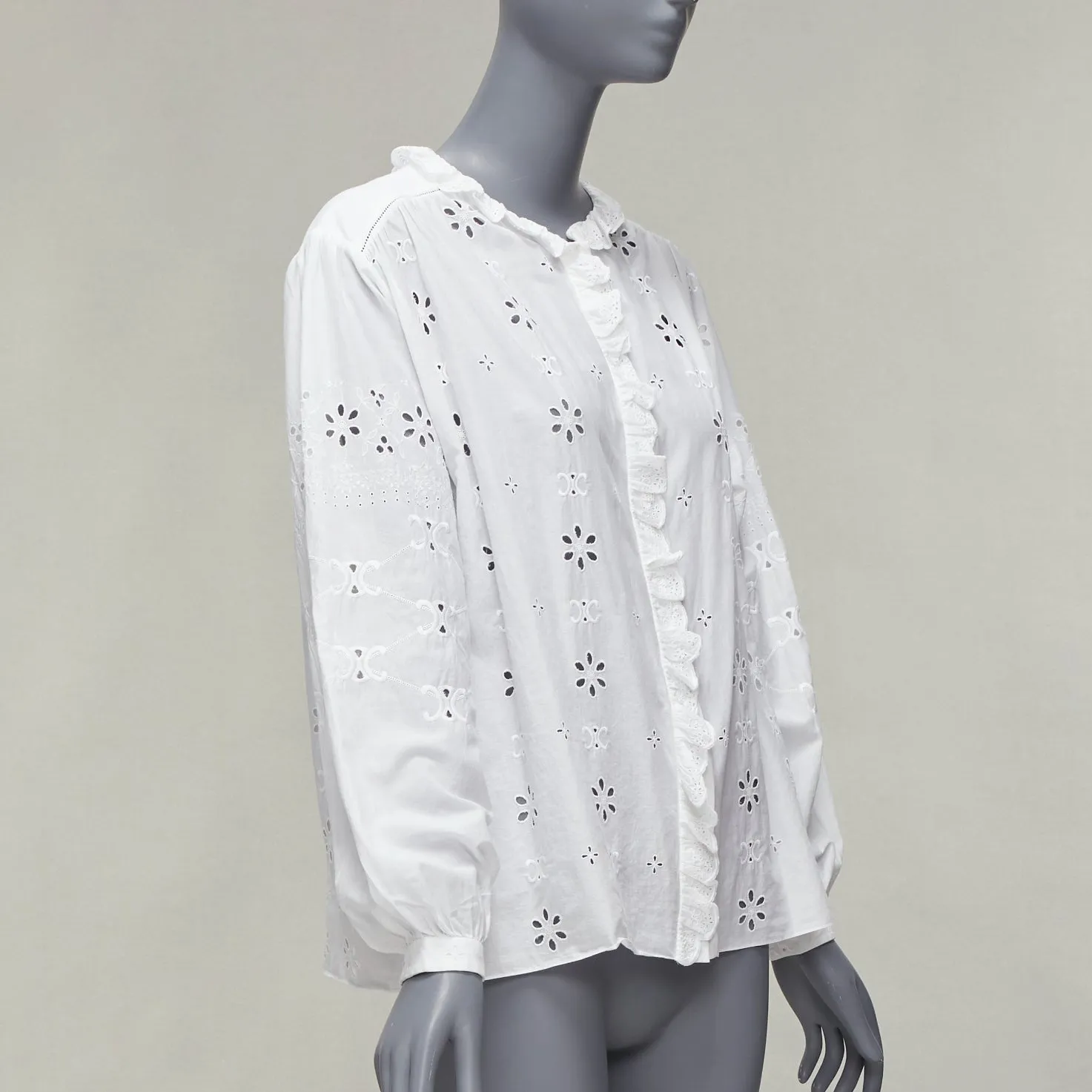 CELINE white triomphe logo lace eyelet embroidery peasant shirt FR40 L