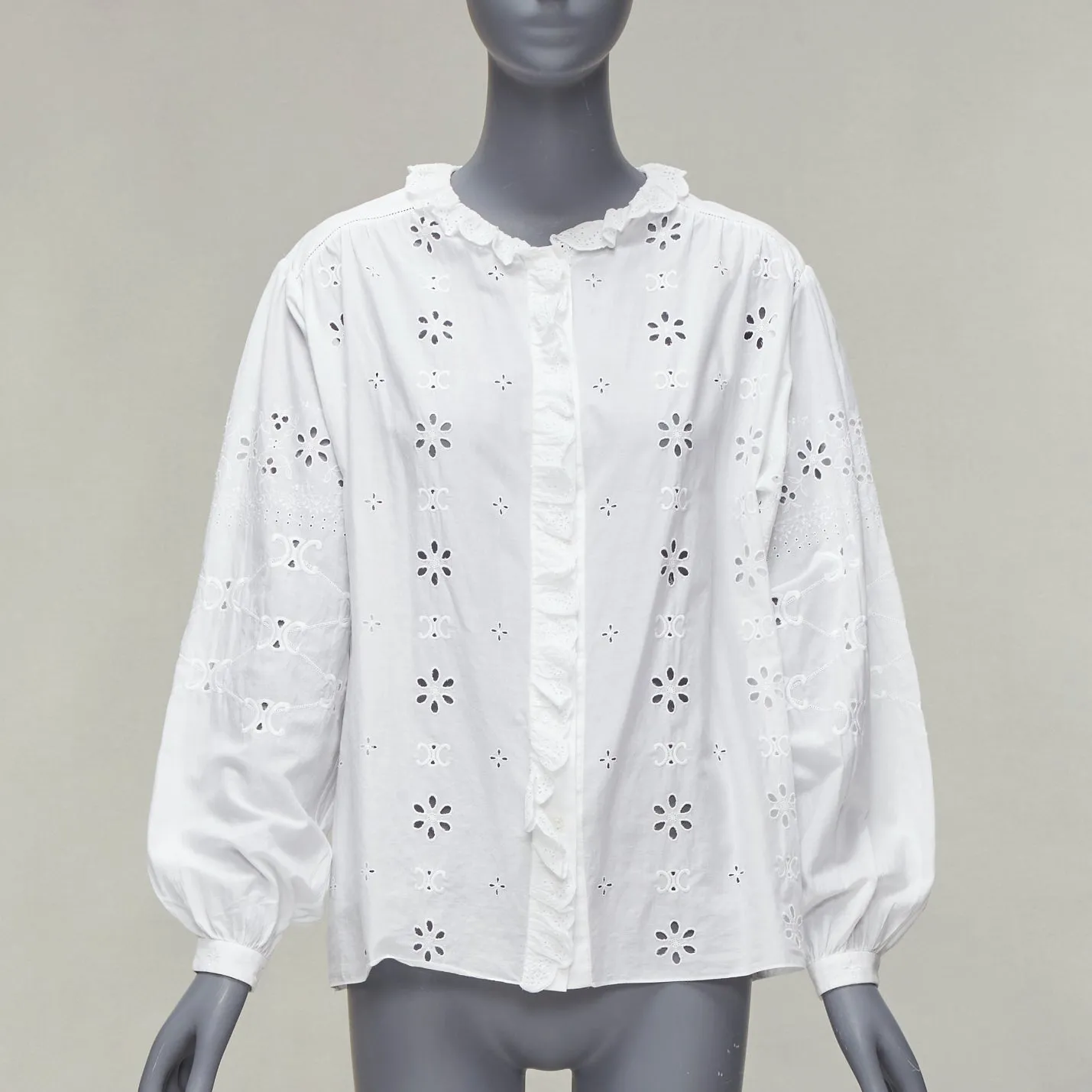 CELINE white triomphe logo lace eyelet embroidery peasant shirt FR40 L