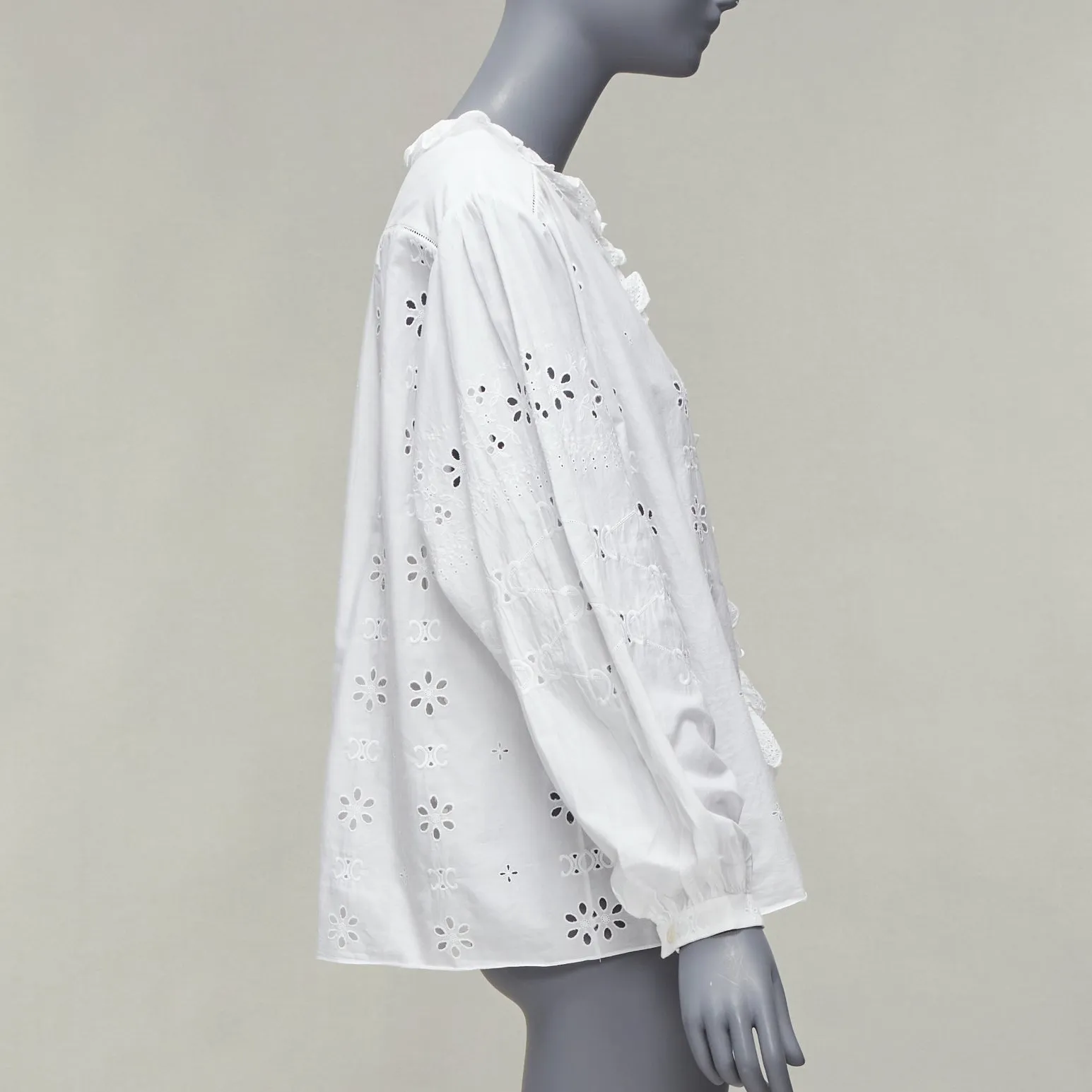 CELINE white triomphe logo lace eyelet embroidery peasant shirt FR40 L