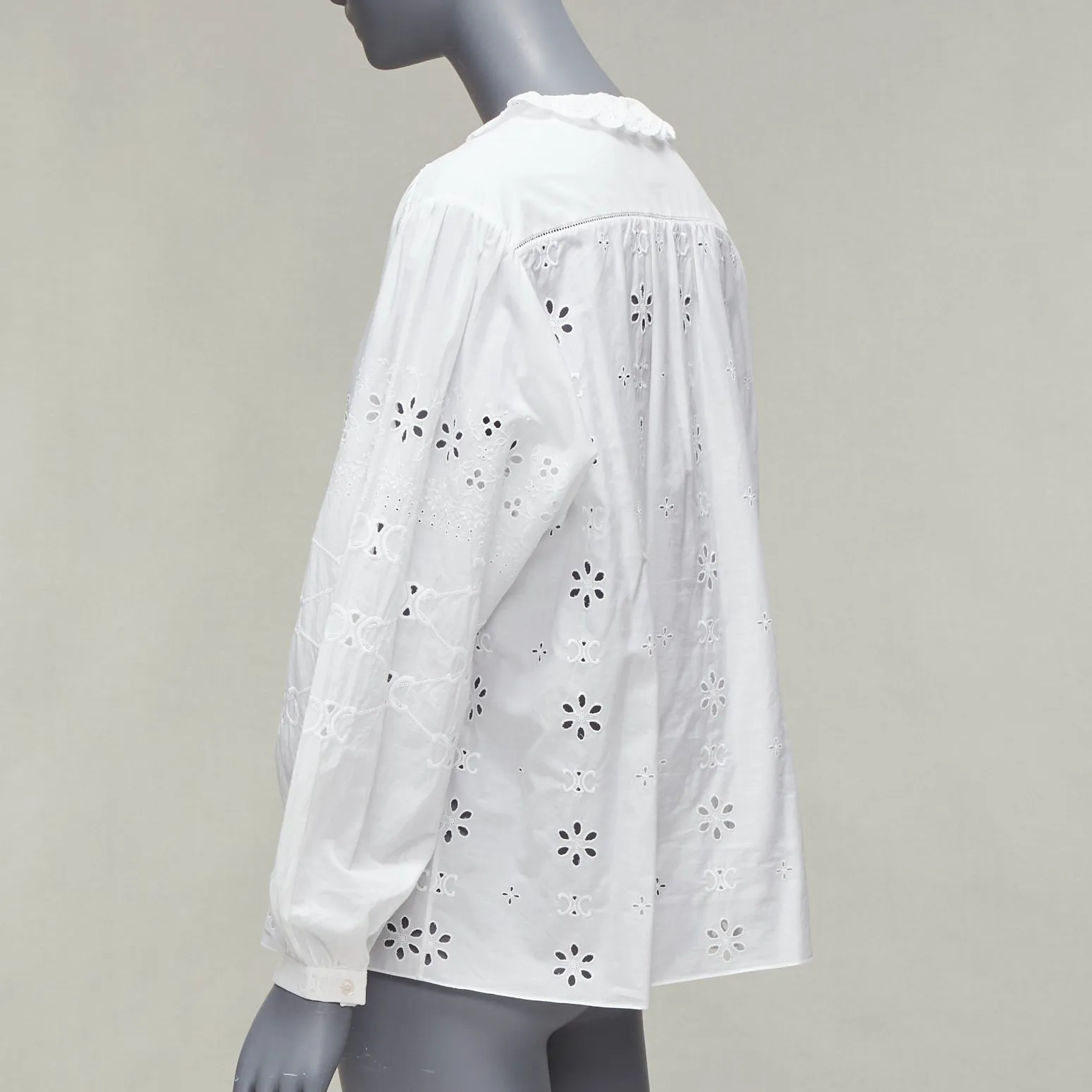 CELINE white triomphe logo lace eyelet embroidery peasant shirt FR40 L