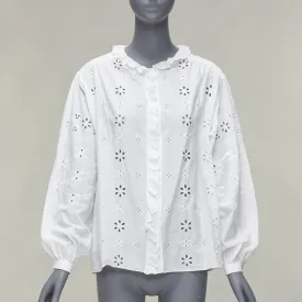 CELINE white triomphe logo lace eyelet embroidery peasant shirt FR40 L