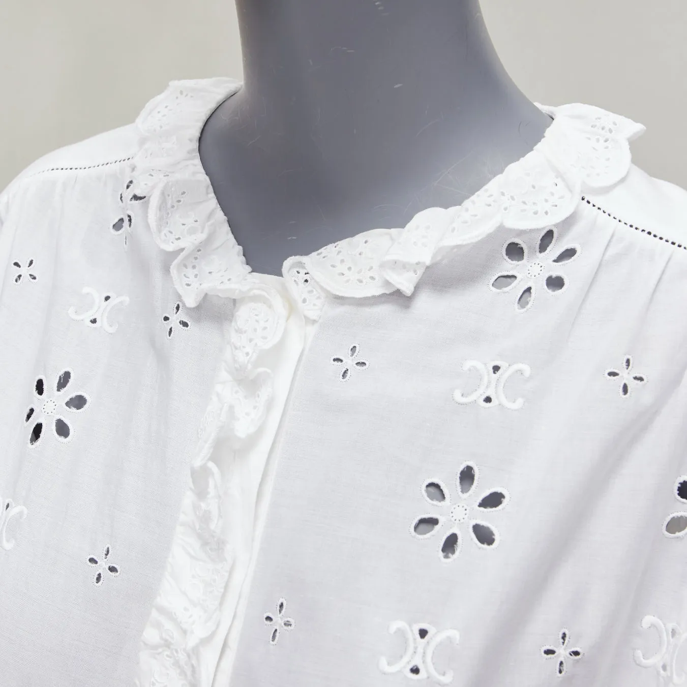 CELINE white triomphe logo lace eyelet embroidery peasant shirt FR40 L