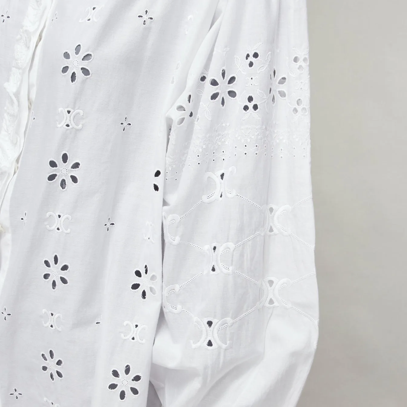 CELINE white triomphe logo lace eyelet embroidery peasant shirt FR40 L