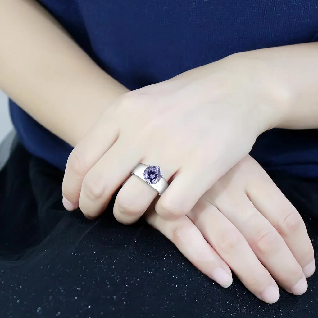 CJ52006 Wholesale Women's Stainless Steel AAA Grade CZ Light Amethyst Round Solitaire Ring