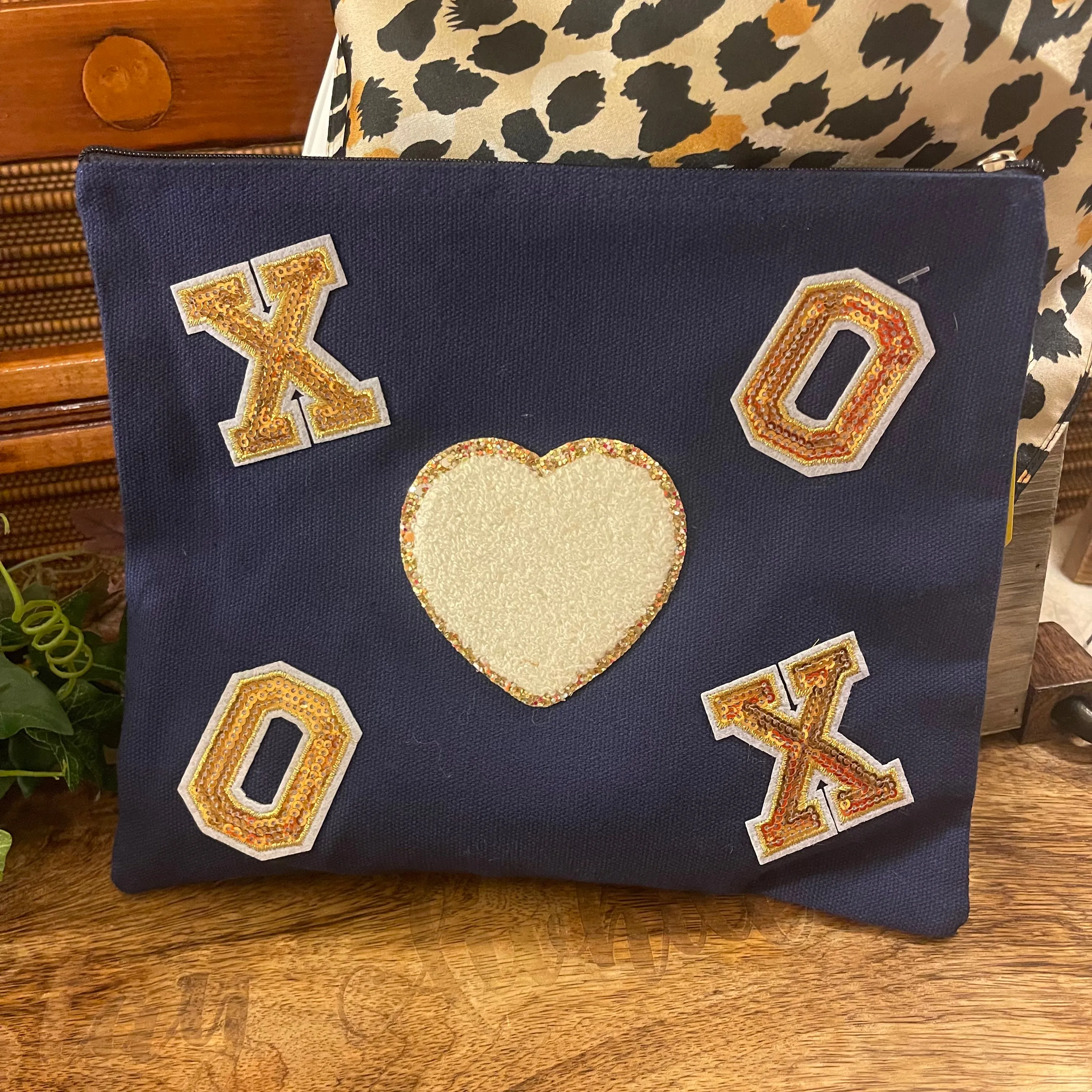 Cosmetic Bag Navy 9 x 8 Chenille Heart Patch and Sequins