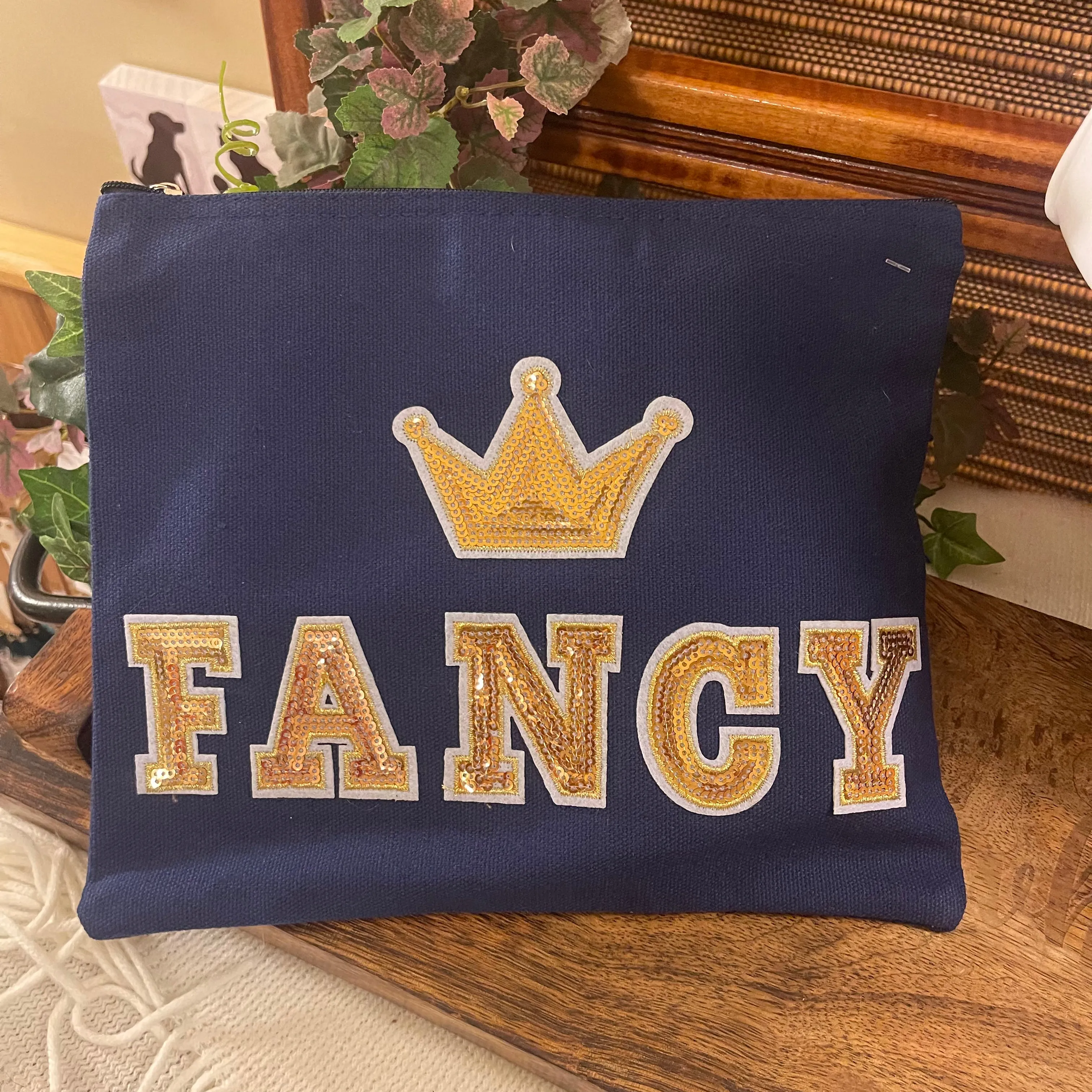 Cosmetic Bag Navy 9 x 8 Chenille Heart Patch and Sequins