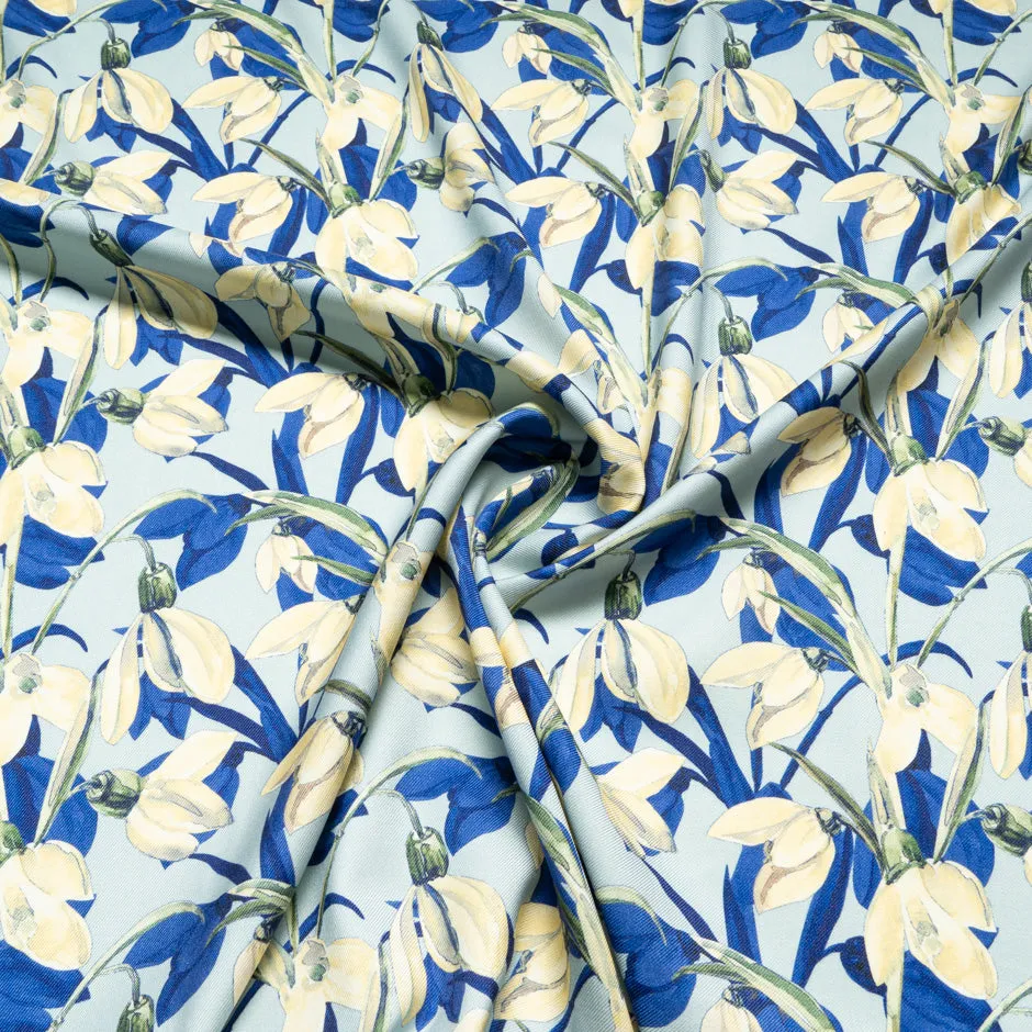 Cream Snow Drop Printed Blue Wool & Silk Blend