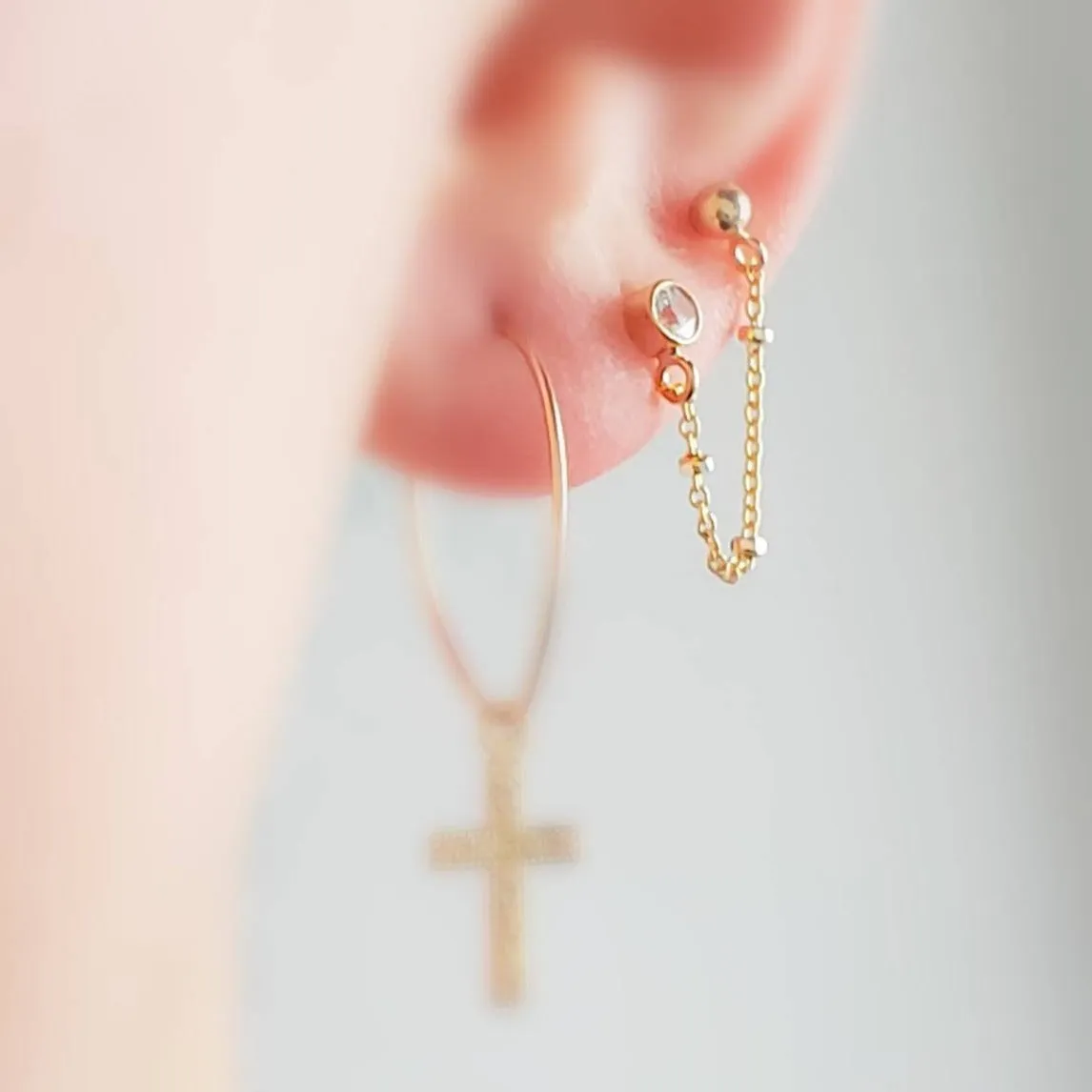 CZ Diamond Double Stud Chain Huggies