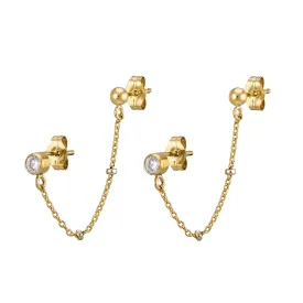 CZ Diamond Double Stud Chain Huggies