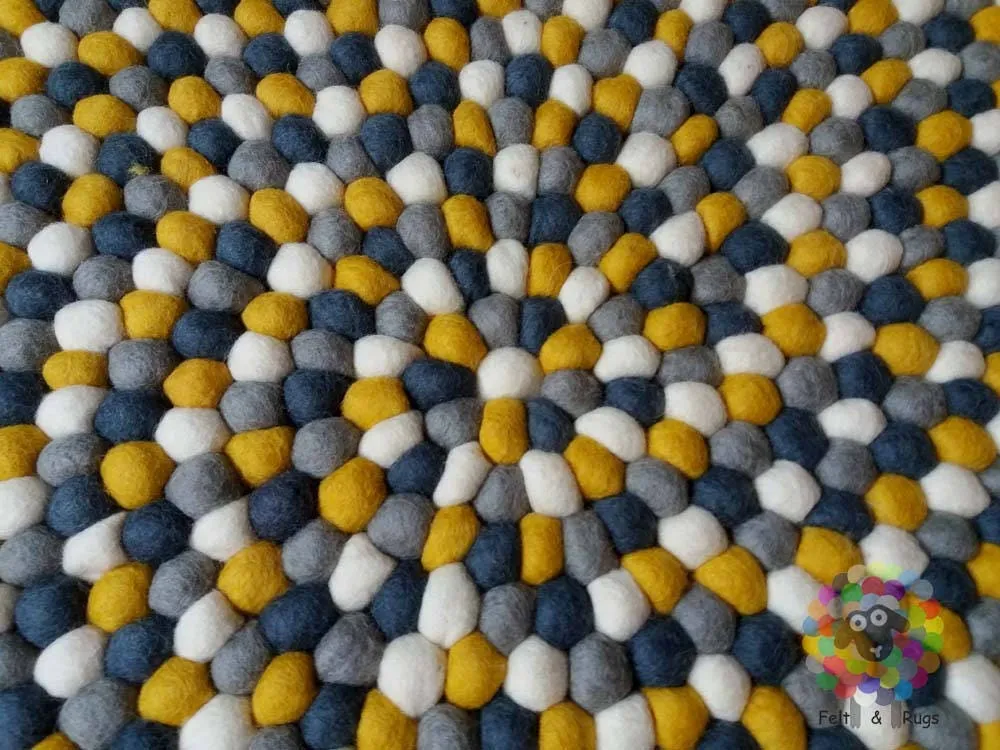 Felt Ball Rugs. Mustard Yellow / White / Light Grey and dark Grey Nursery Rug (Free Shipping)
