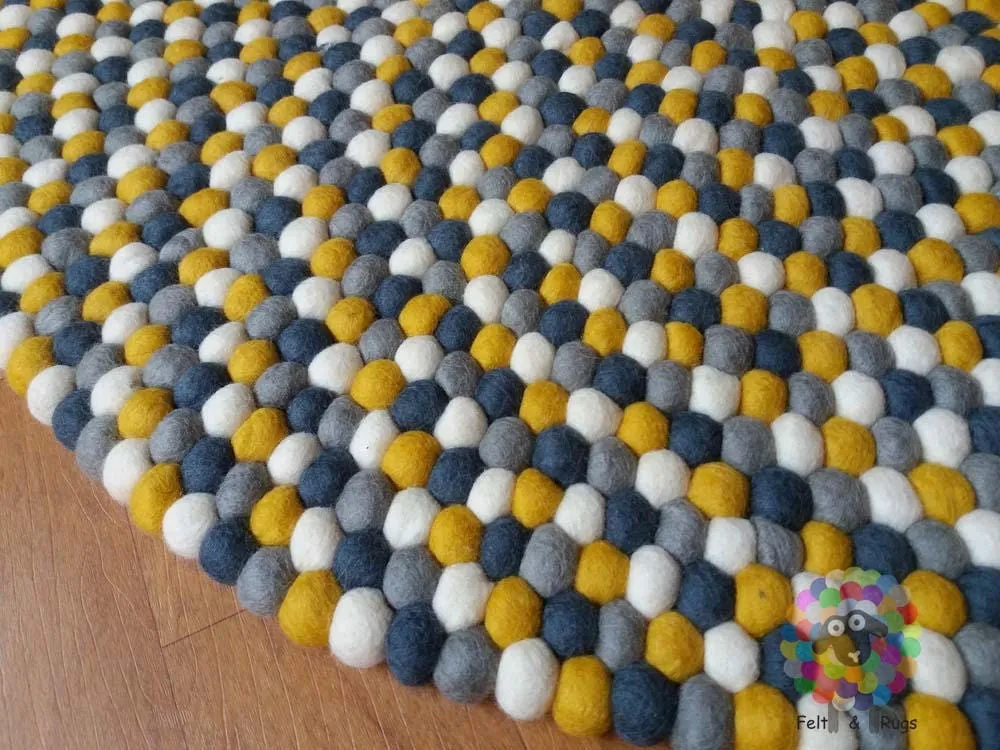Felt Ball Rugs. Mustard Yellow / White / Light Grey and dark Grey Nursery Rug (Free Shipping)