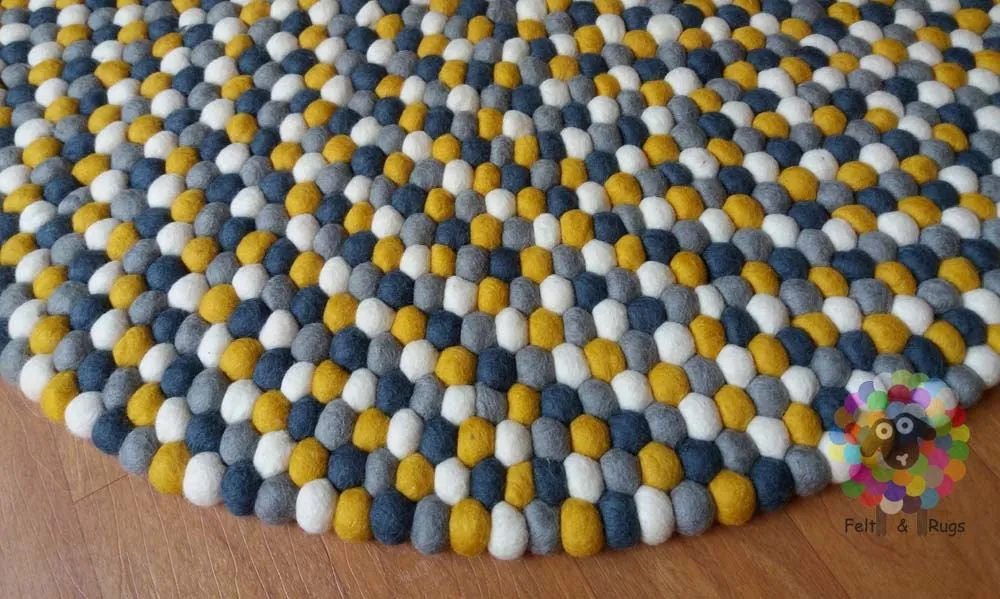 Felt Ball Rugs. Mustard Yellow / White / Light Grey and dark Grey Nursery Rug (Free Shipping)