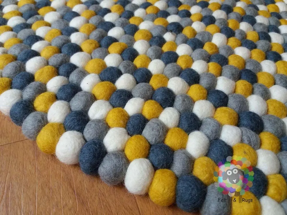 Felt Ball Rugs. Mustard Yellow / White / Light Grey and dark Grey Nursery Rug (Free Shipping)