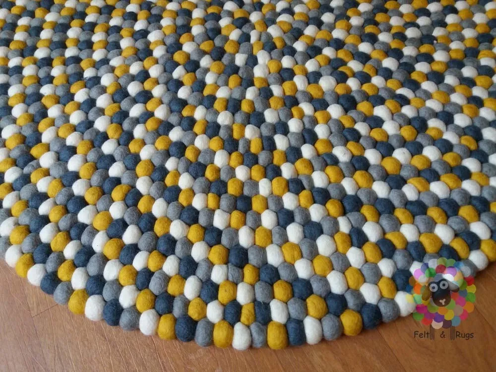 Felt Ball Rugs. Mustard Yellow / White / Light Grey and dark Grey Nursery Rug (Free Shipping)