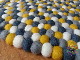 Felt Ball Rugs. Mustard Yellow / White / Light Grey and dark Grey Nursery Rug (Free Shipping)