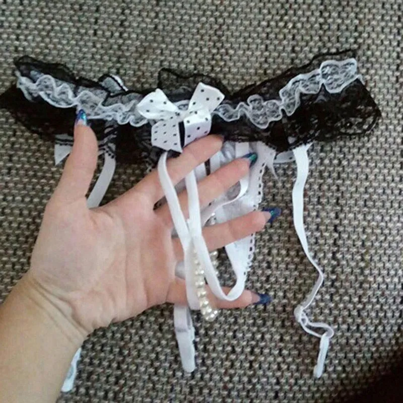 Floral Ruffle Mesh Crotchless Pearl Garter Belts