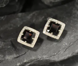 Genuine Garnet Earrings - Red Square Studs - Vintage Rhombus Earrings