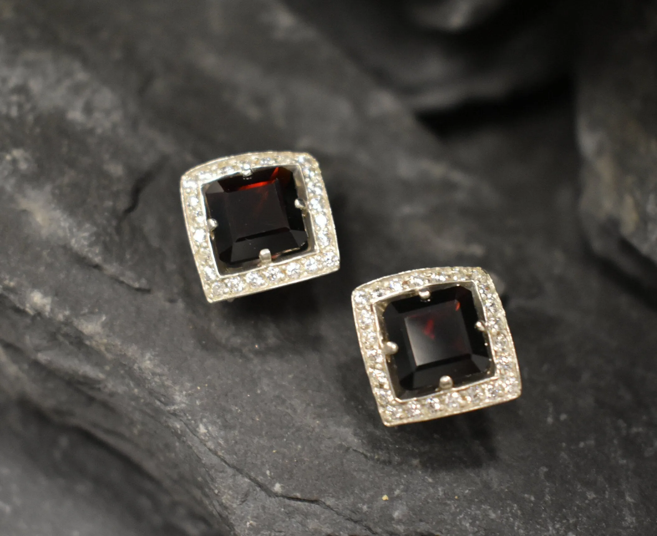 Genuine Garnet Earrings - Red Square Studs - Vintage Rhombus Earrings