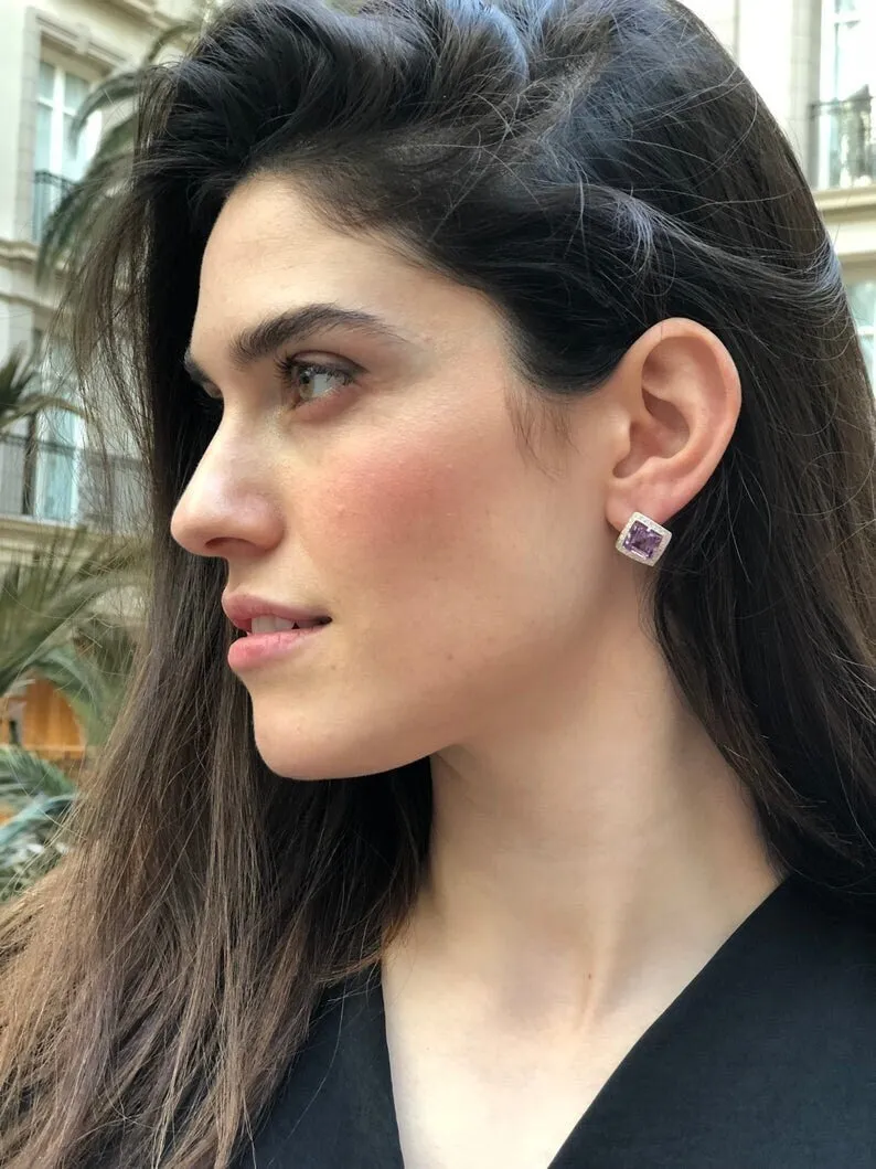 Genuine Garnet Earrings - Red Square Studs - Vintage Rhombus Earrings
