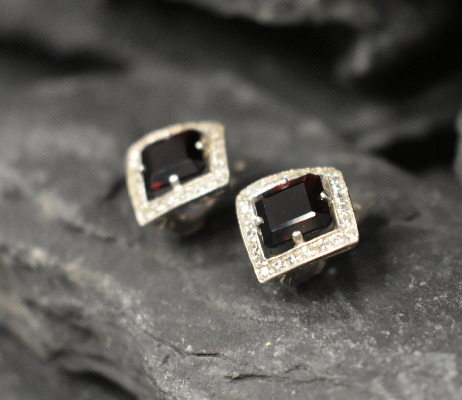 Genuine Garnet Earrings - Red Square Studs - Vintage Rhombus Earrings