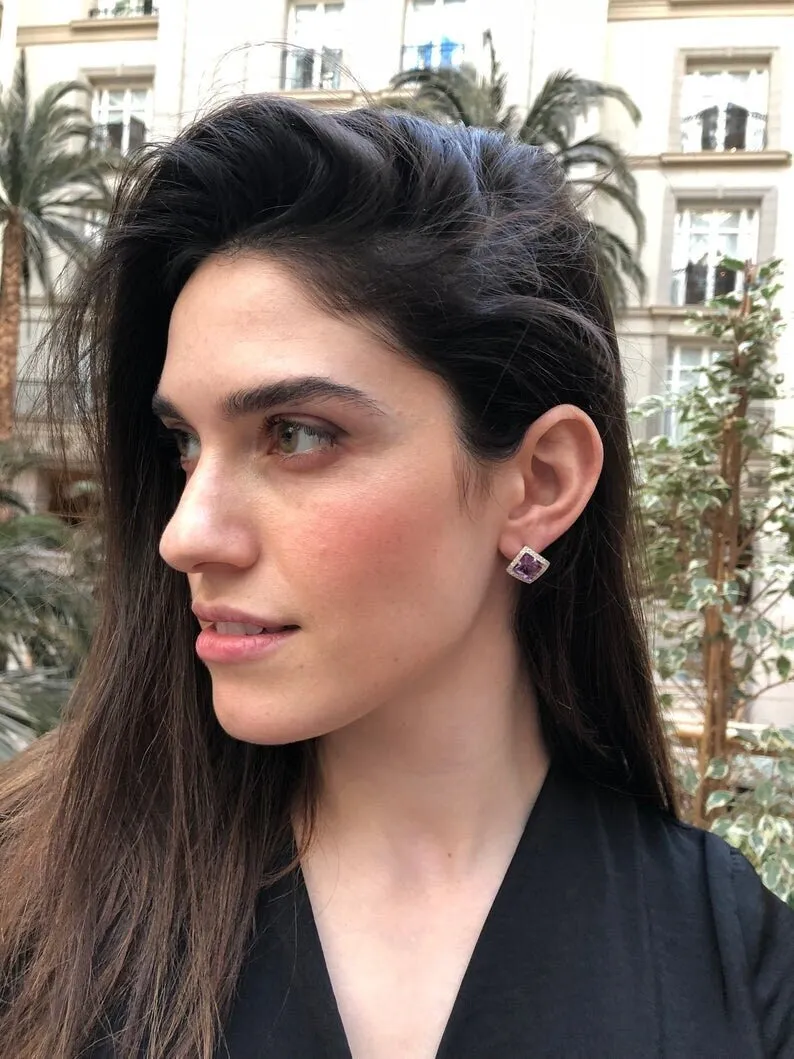 Genuine Garnet Earrings - Red Square Studs - Vintage Rhombus Earrings