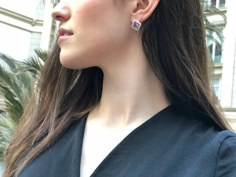 Genuine Garnet Earrings - Red Square Studs - Vintage Rhombus Earrings