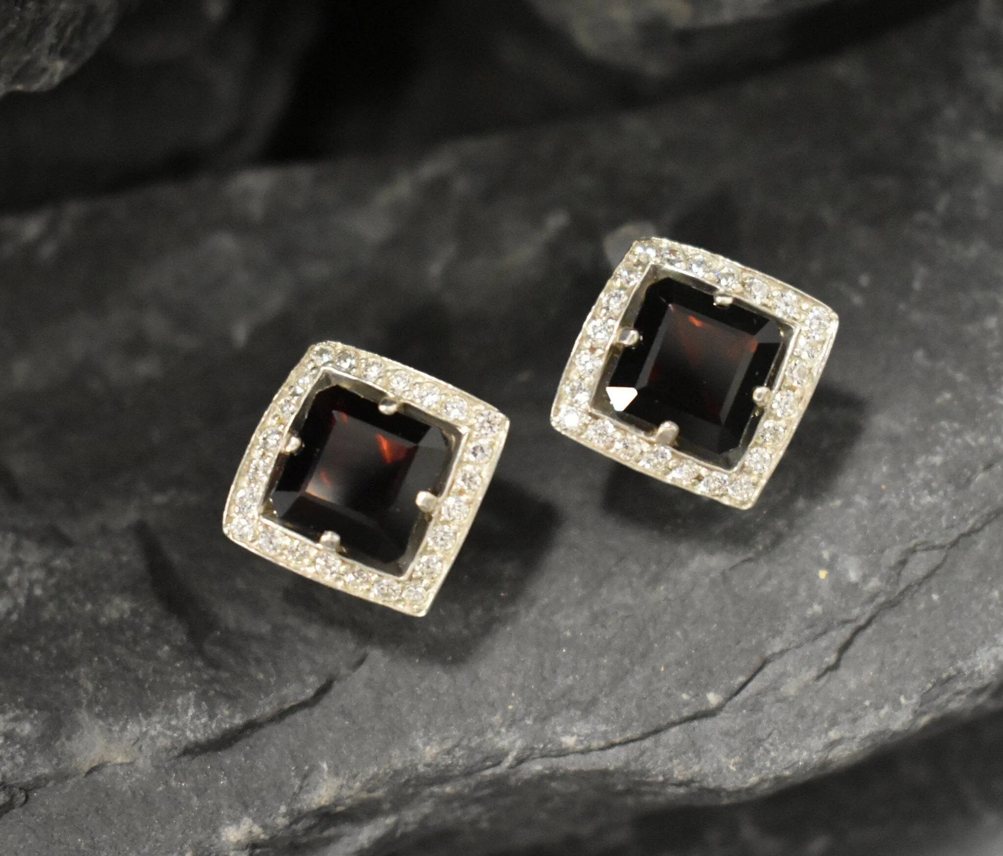 Genuine Garnet Earrings - Red Square Studs - Vintage Rhombus Earrings