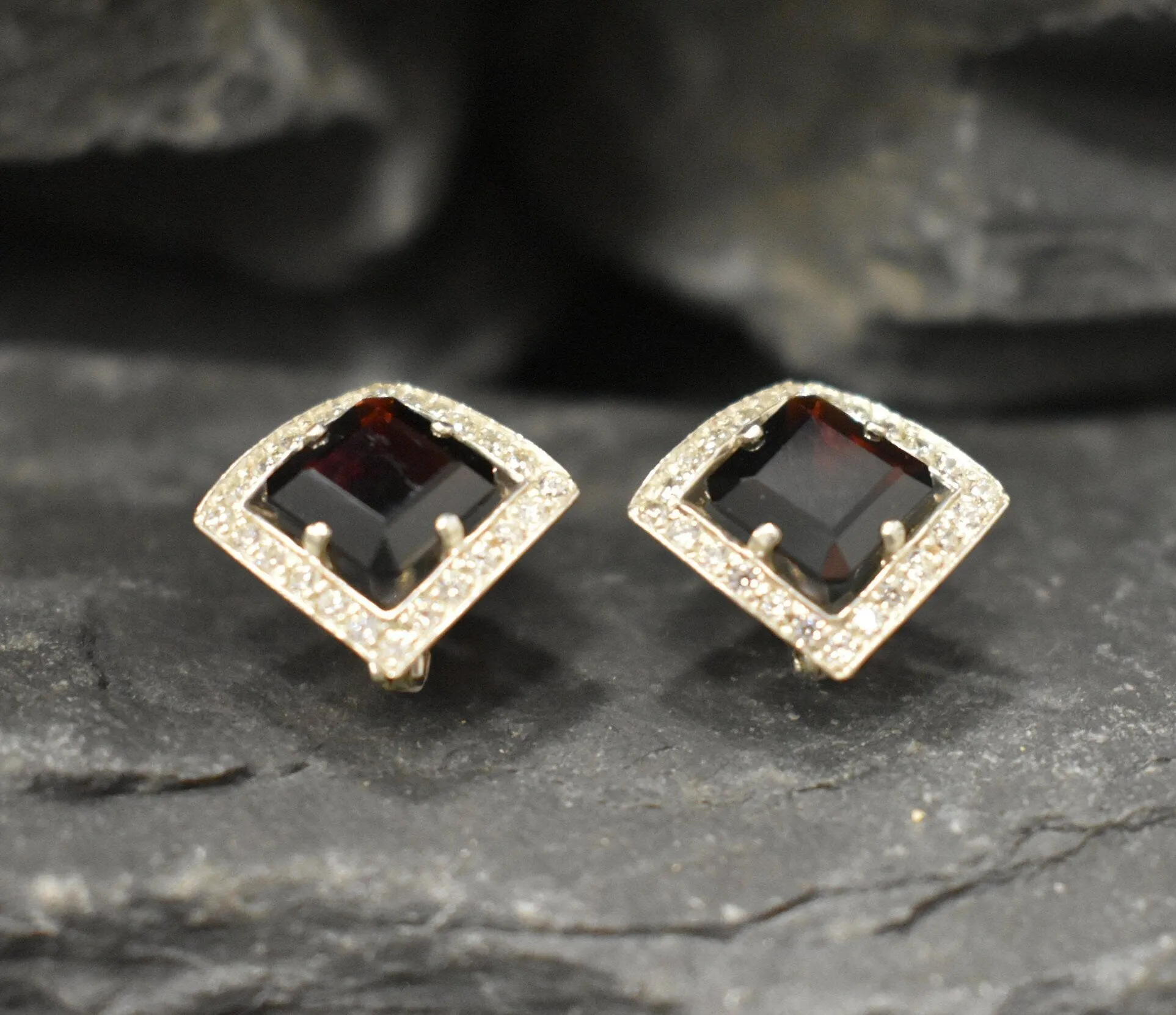 Genuine Garnet Earrings - Red Square Studs - Vintage Rhombus Earrings