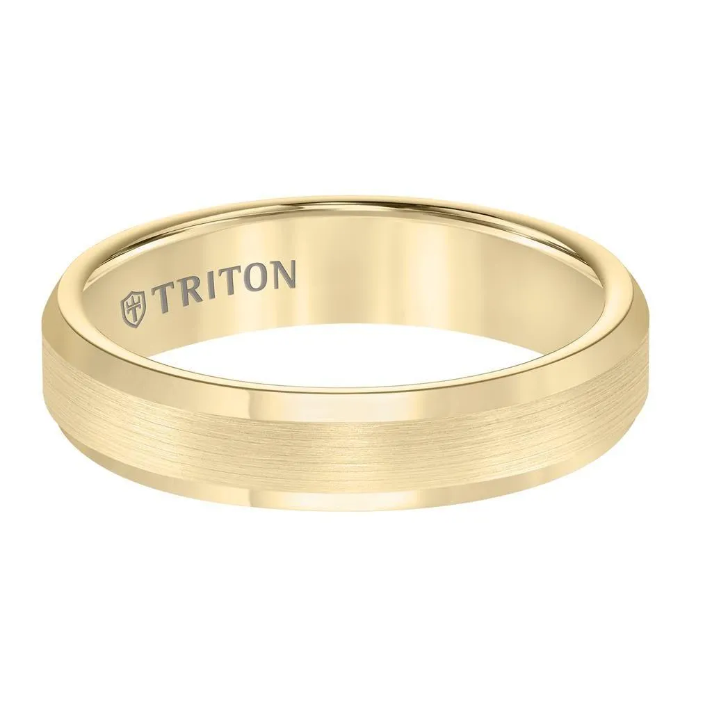 GOLDIE Polished Beveled Edged Yellow Gold Plated Tungsten Carbide Wedding Band with Satin Finished Center by Triton Rings - 5mm