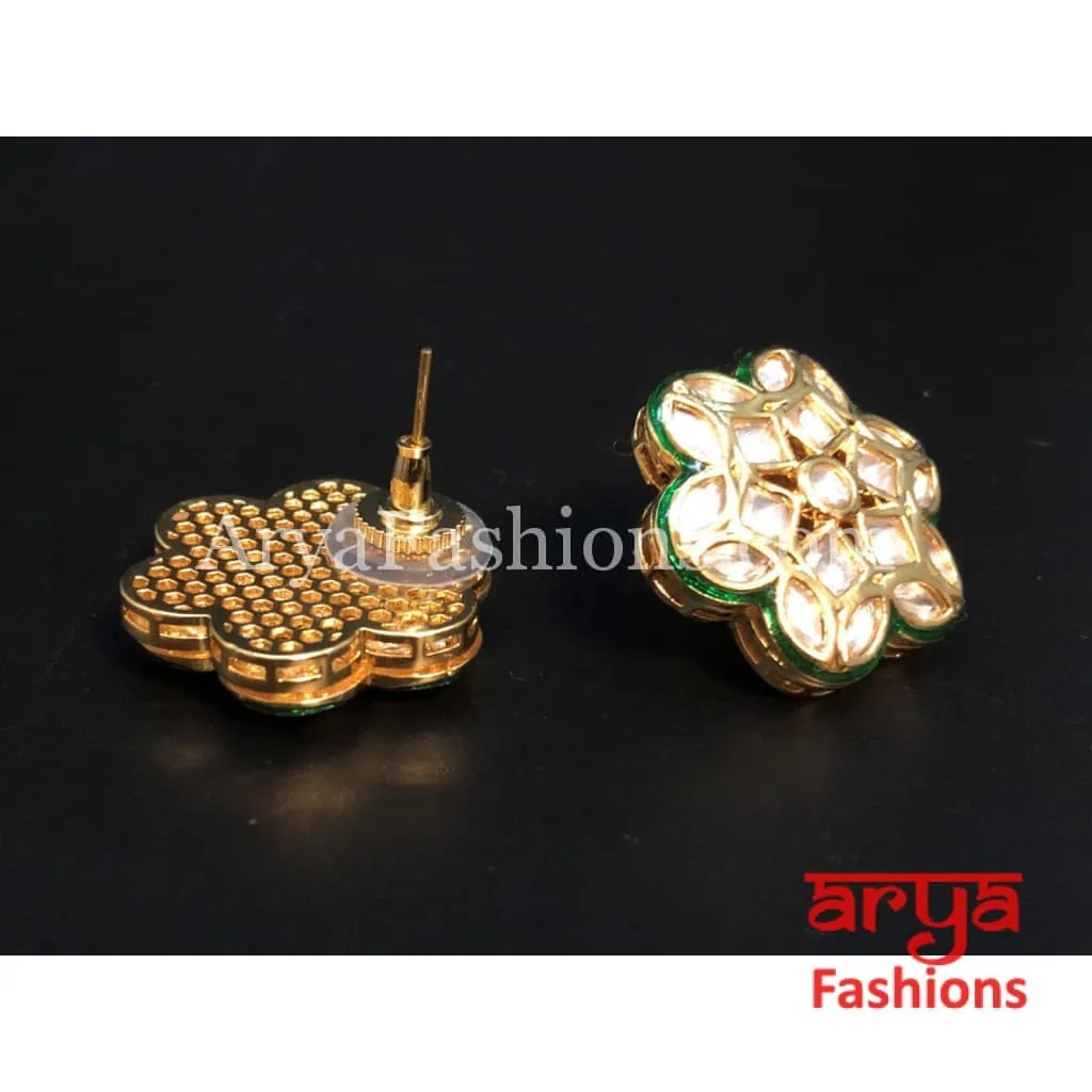 Kundan Green Meenakari Star Shape Studs