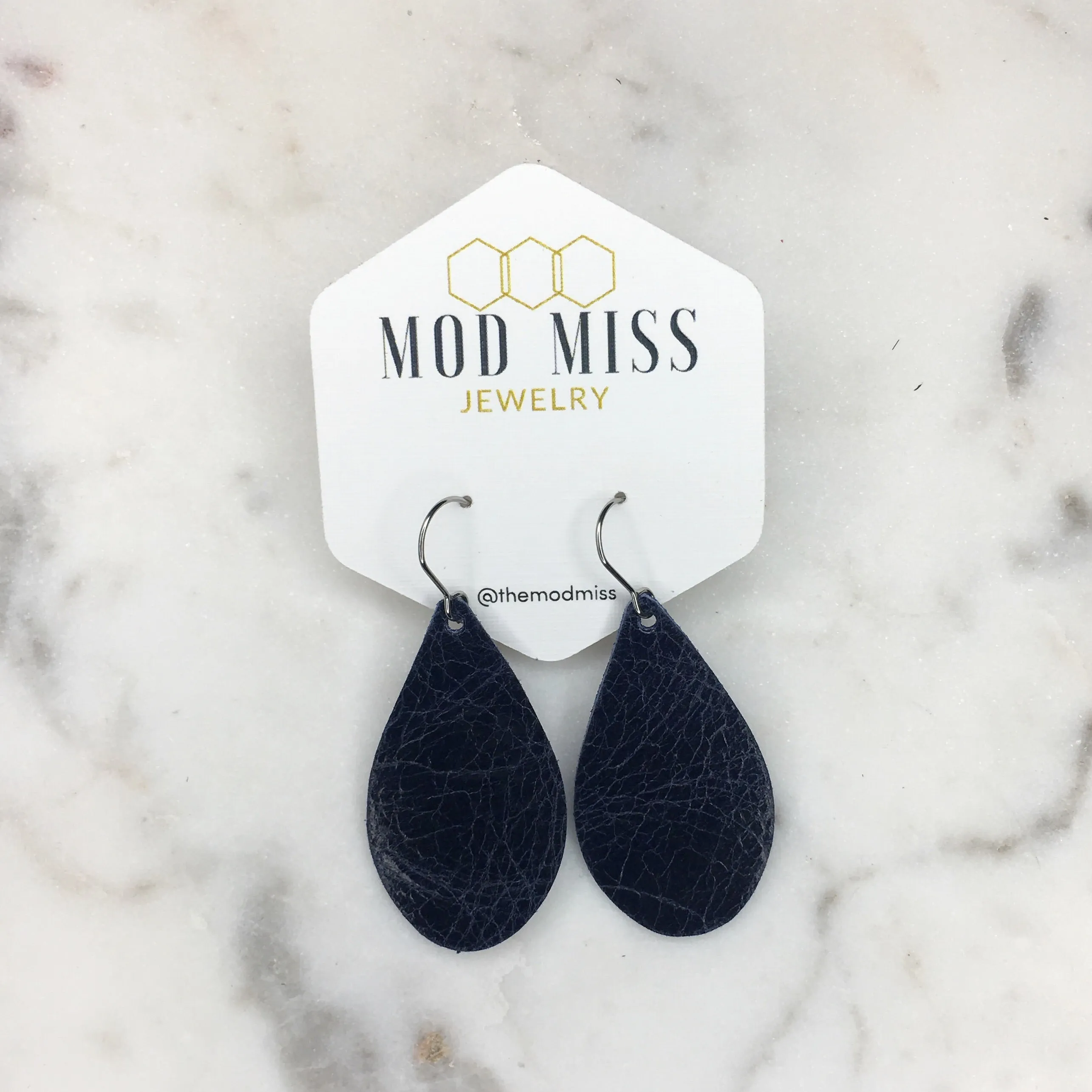 Leather Teardrop Earring "Worn Navy"