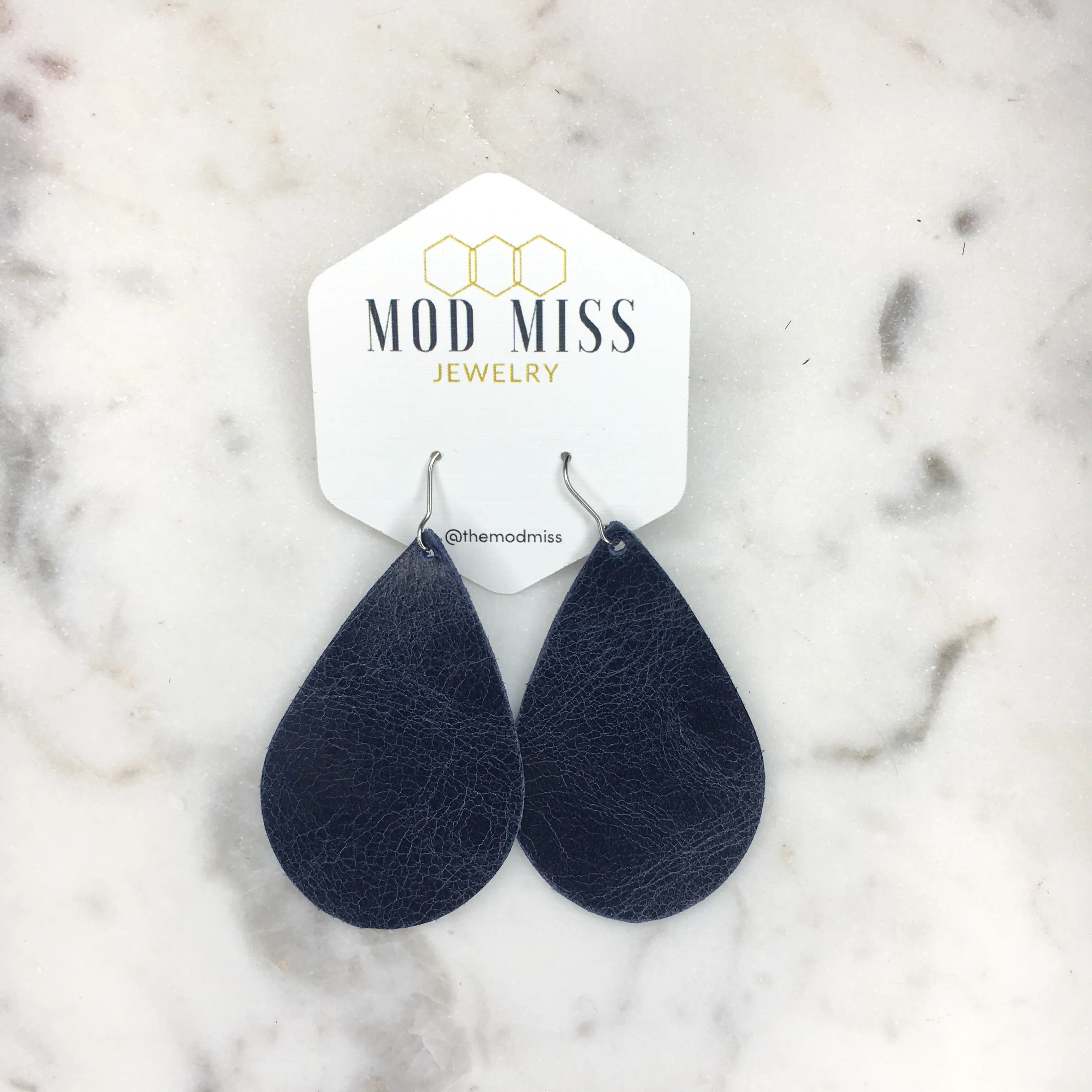 Leather Teardrop Earring "Worn Navy"