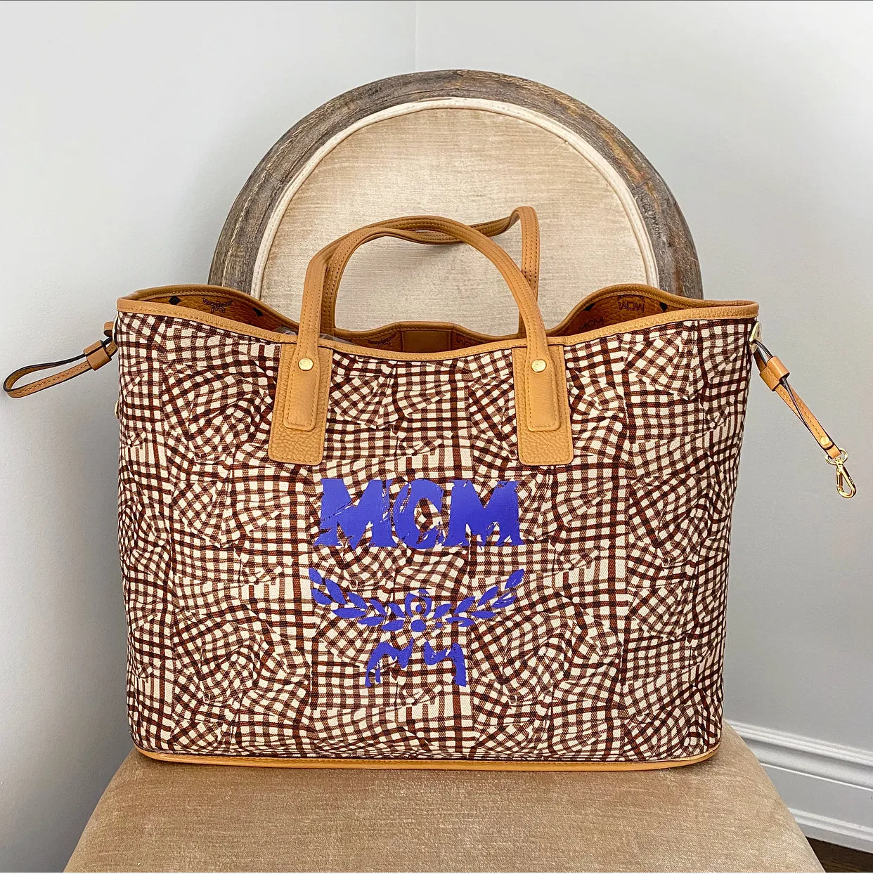 MCM Visetos Monogram Logo Large Liz Reversible Shopper Tote Bag