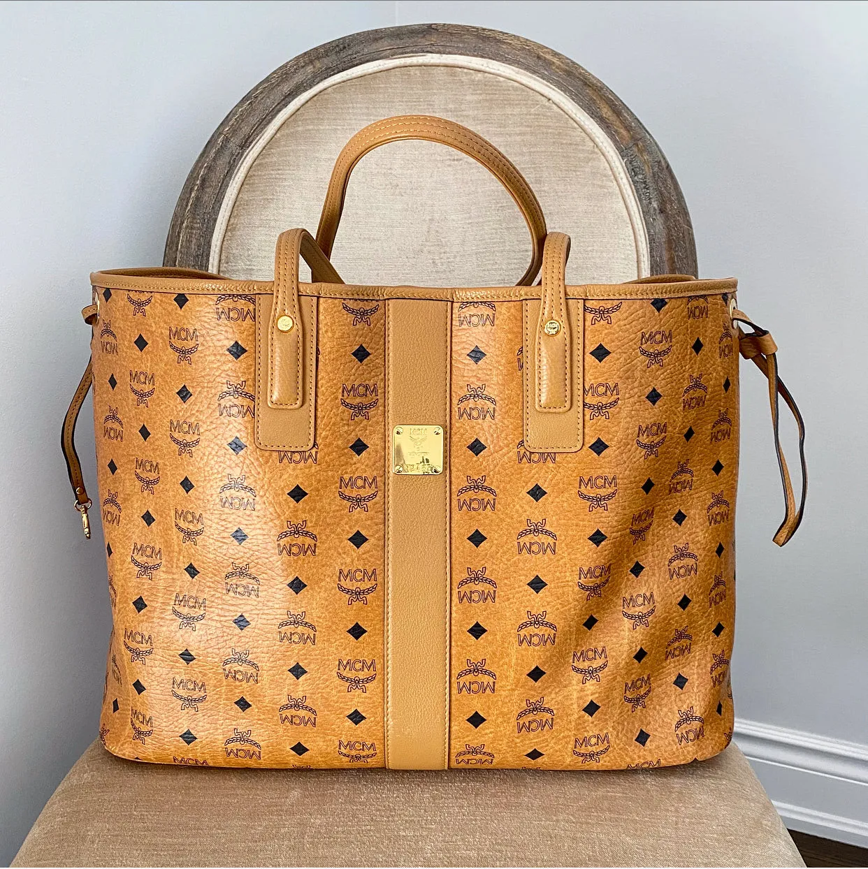 MCM Visetos Monogram Logo Large Liz Reversible Shopper Tote Bag