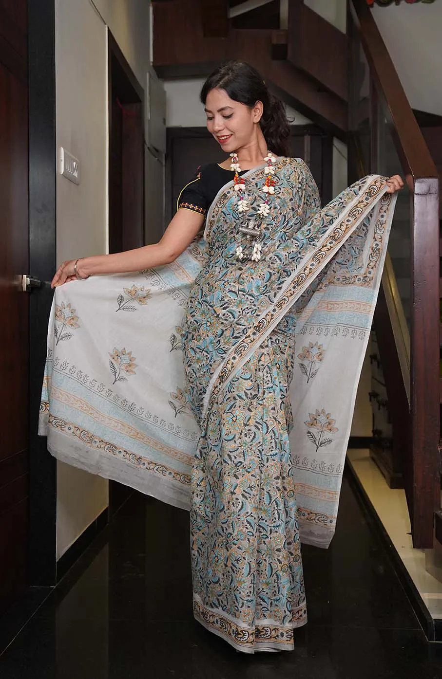 Pure Cotton Mul Mul Vegetable Dye Jaipuri Sanganeri All Over Wrap in 1 minute saree