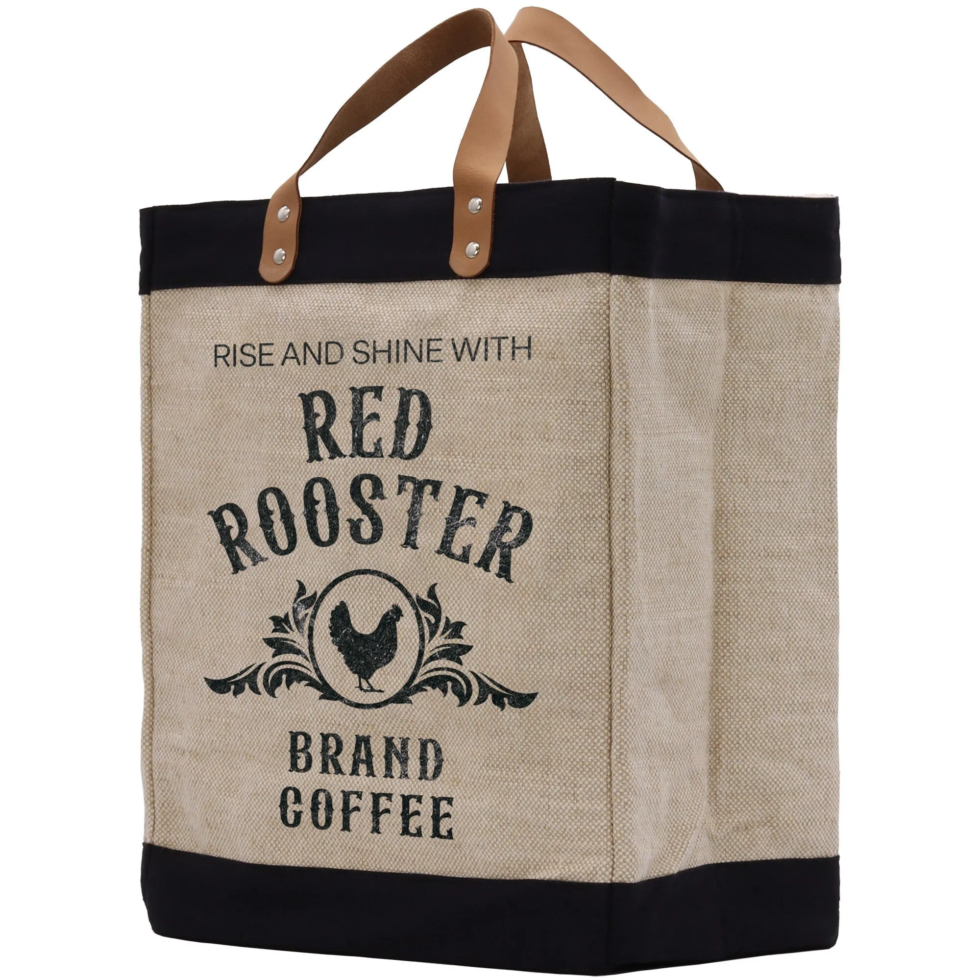 Rooster Farm Fresh Market Jute Tote Bag Farmers Fruit Lover Burlap Bag Fruity Vintage Market Jute Burlap Bag Vintage Farmer Bag (VTB1009)
