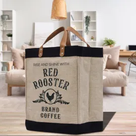 Rooster Farm Fresh Market Jute Tote Bag Farmers Fruit Lover Burlap Bag Fruity Vintage Market Jute Burlap Bag Vintage Farmer Bag (VTB1009)