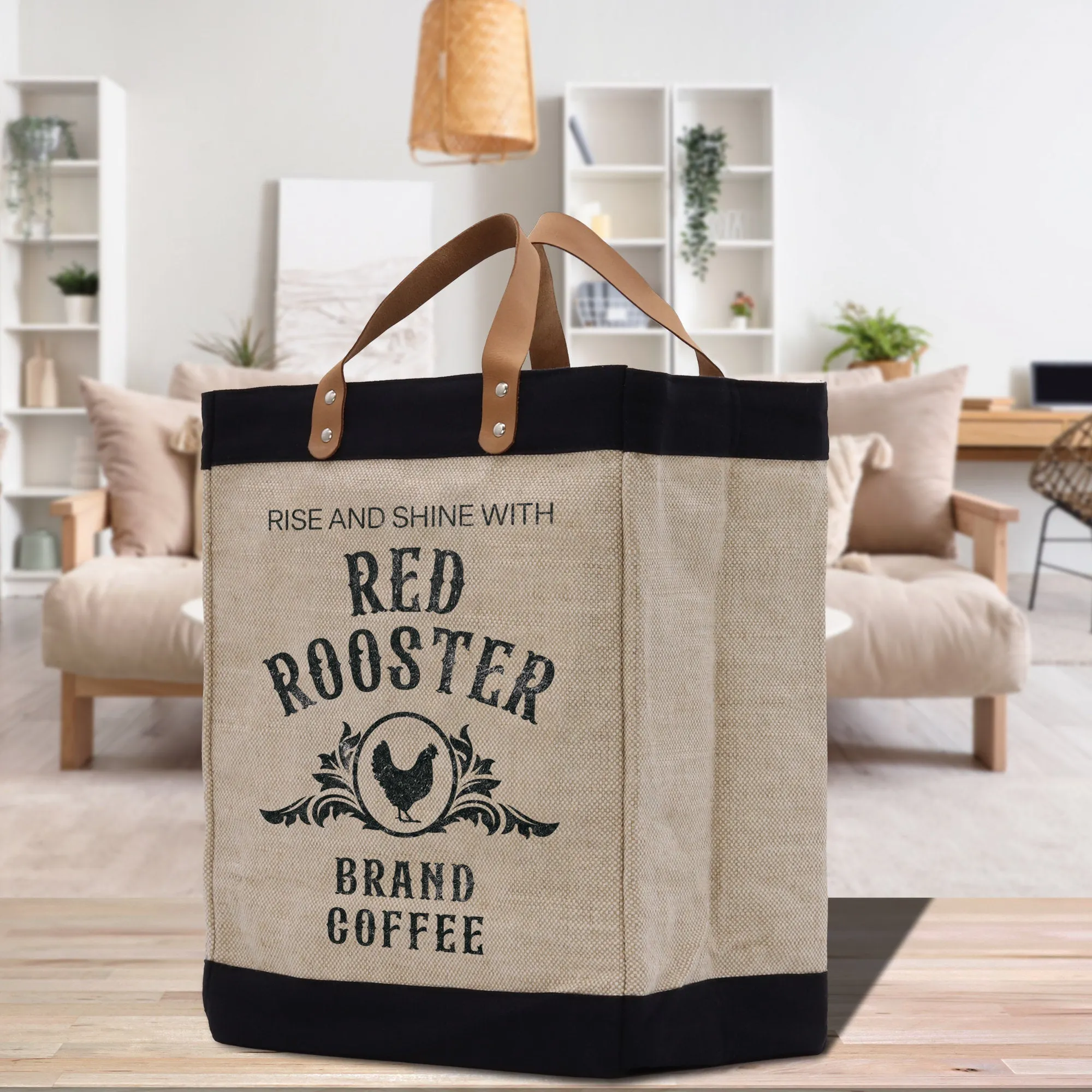 Rooster Farm Fresh Market Jute Tote Bag Farmers Fruit Lover Burlap Bag Fruity Vintage Market Jute Burlap Bag Vintage Farmer Bag (VTB1009)