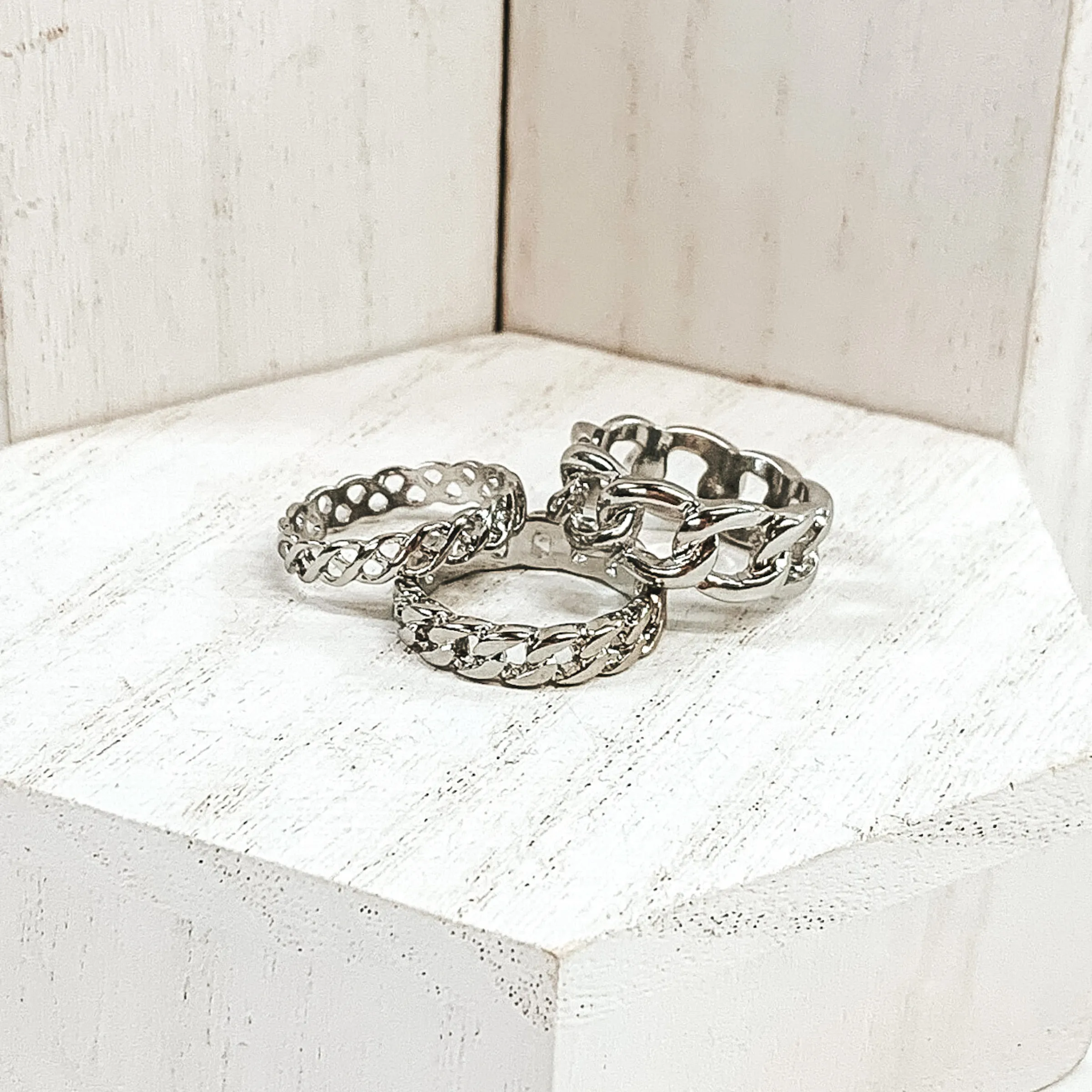 Set of 3 | Multi Chain Ring Set in Silver Tone