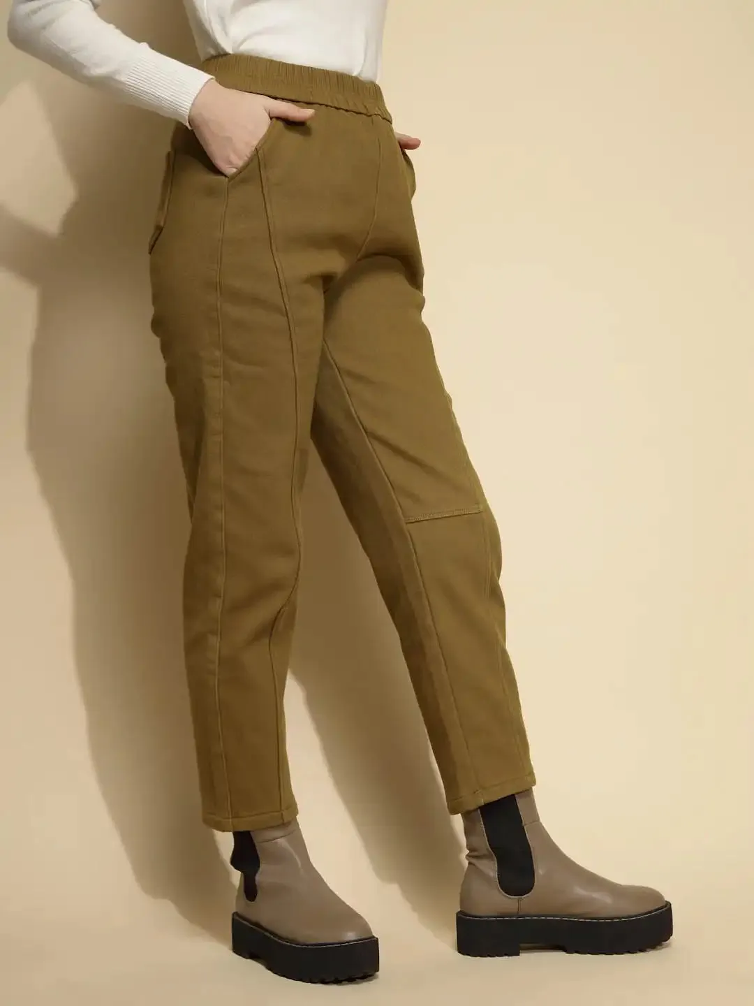 Solid Brown Solid Cotton High Rise Ankle Length Trouser