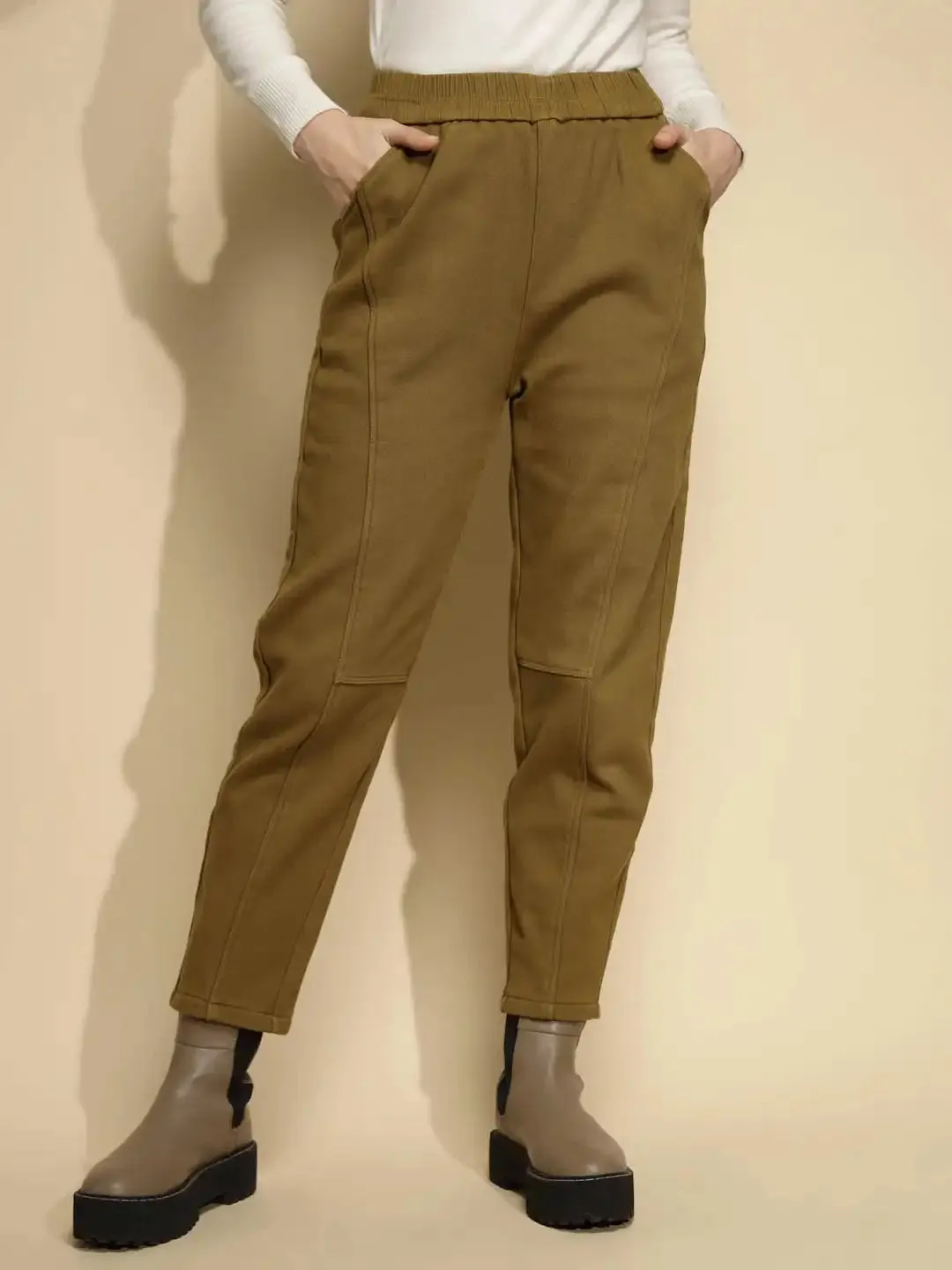 Solid Brown Solid Cotton High Rise Ankle Length Trouser