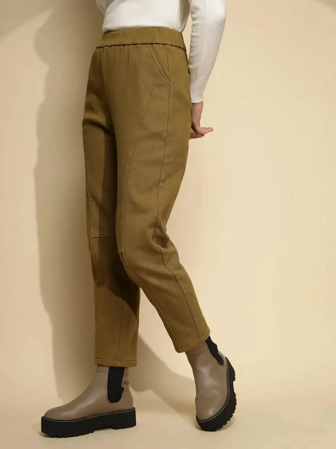 Solid Brown Solid Cotton High Rise Ankle Length Trouser