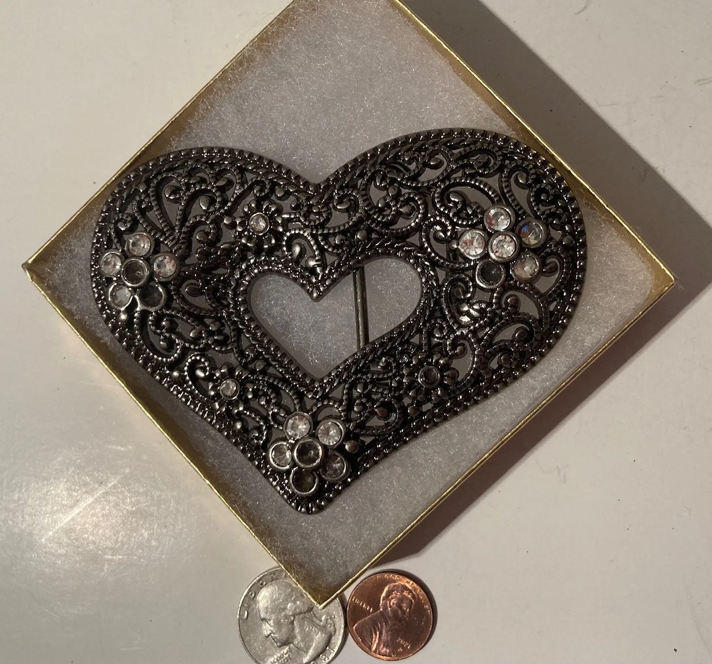 Vintage Metal Belt Buckle, Heart, Nice Design, 4" x 2 1/4", Heavy Duty, Quality, Thick Metal, Made in USA, For Belts, Fashion, Shelf Display