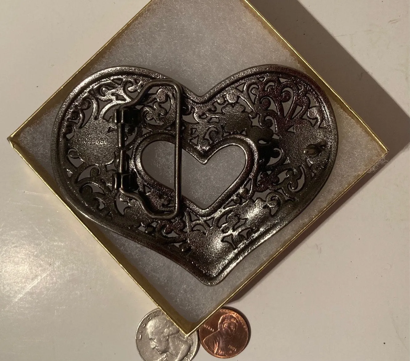 Vintage Metal Belt Buckle, Heart, Nice Design, 4" x 2 1/4", Heavy Duty, Quality, Thick Metal, Made in USA, For Belts, Fashion, Shelf Display